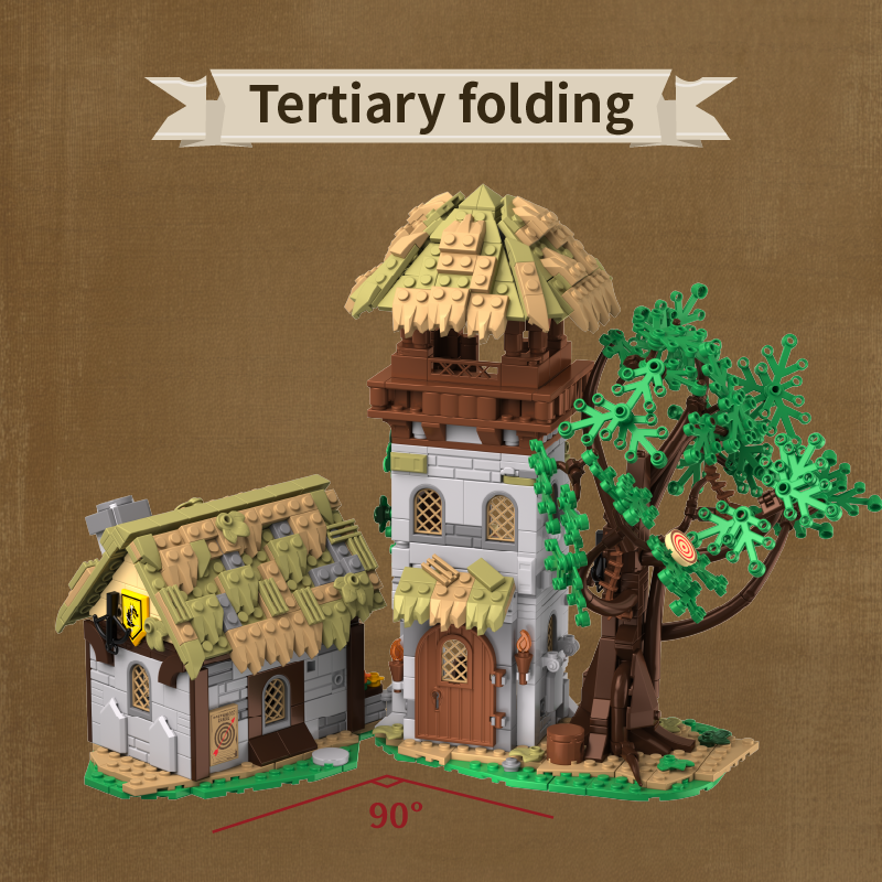 Toy model of a treehouse with a character and tree on a brown background, labeled 'Tertiary folding'.