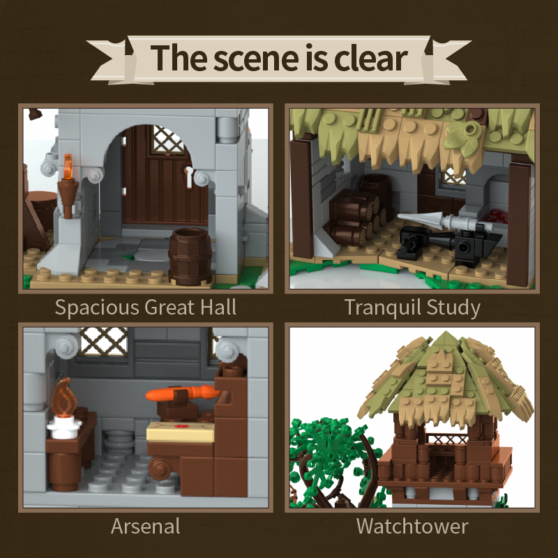 Four different scenes from a lego set including a great hall, study, arsenal, and watchtower.