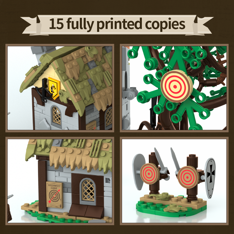 Collage of printed copies of a toy set with a house and target design.