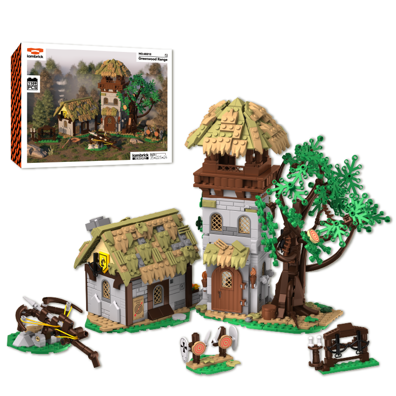 Toy building set with treehouse, houses, and accessories on a white background